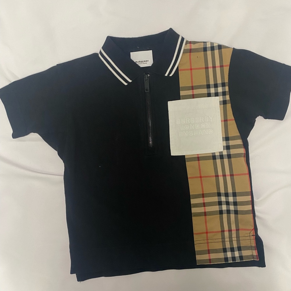 Burberry Kids Polo Shirt in Black with Beige Check